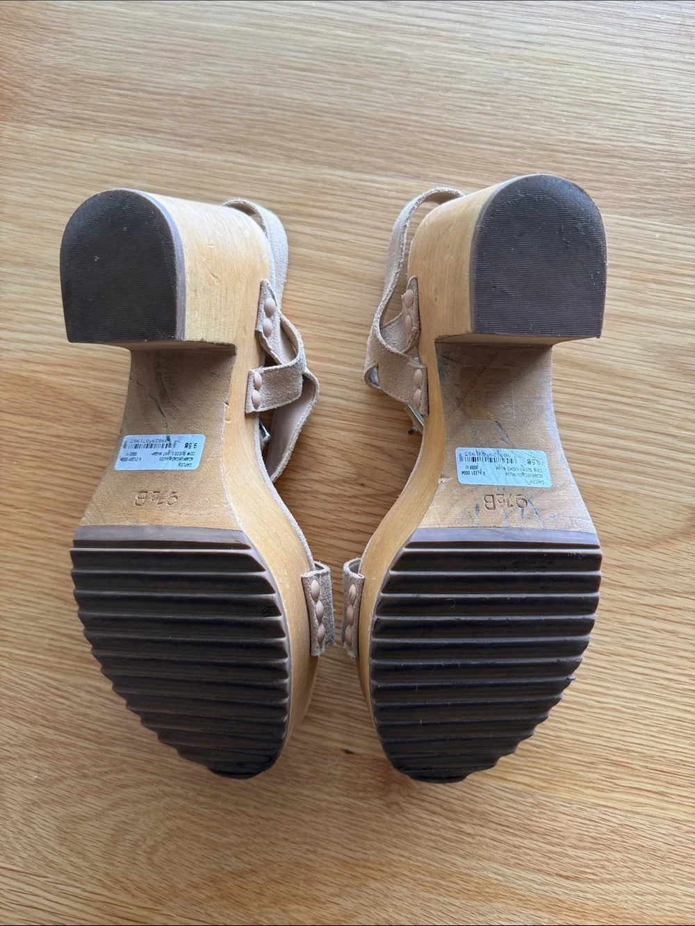 SCHUTZ Taupe Suede Platform Sandals with Wooden Block Heel